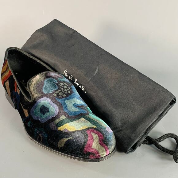 PAUL SMITH Size 8 Black Multi Color Abstract Print Velvet Slip On Loafers main image 2